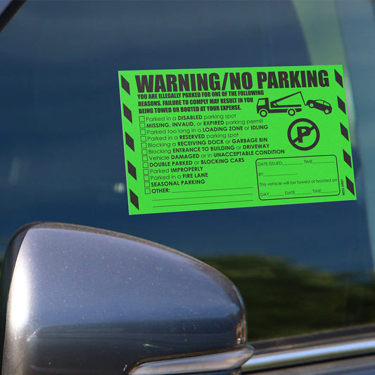 100 MESS Parking Violation Stickers - Hard to Remove - Green Multi-Reason - No Parking, Towing Warning Stickers 8x5 in 100