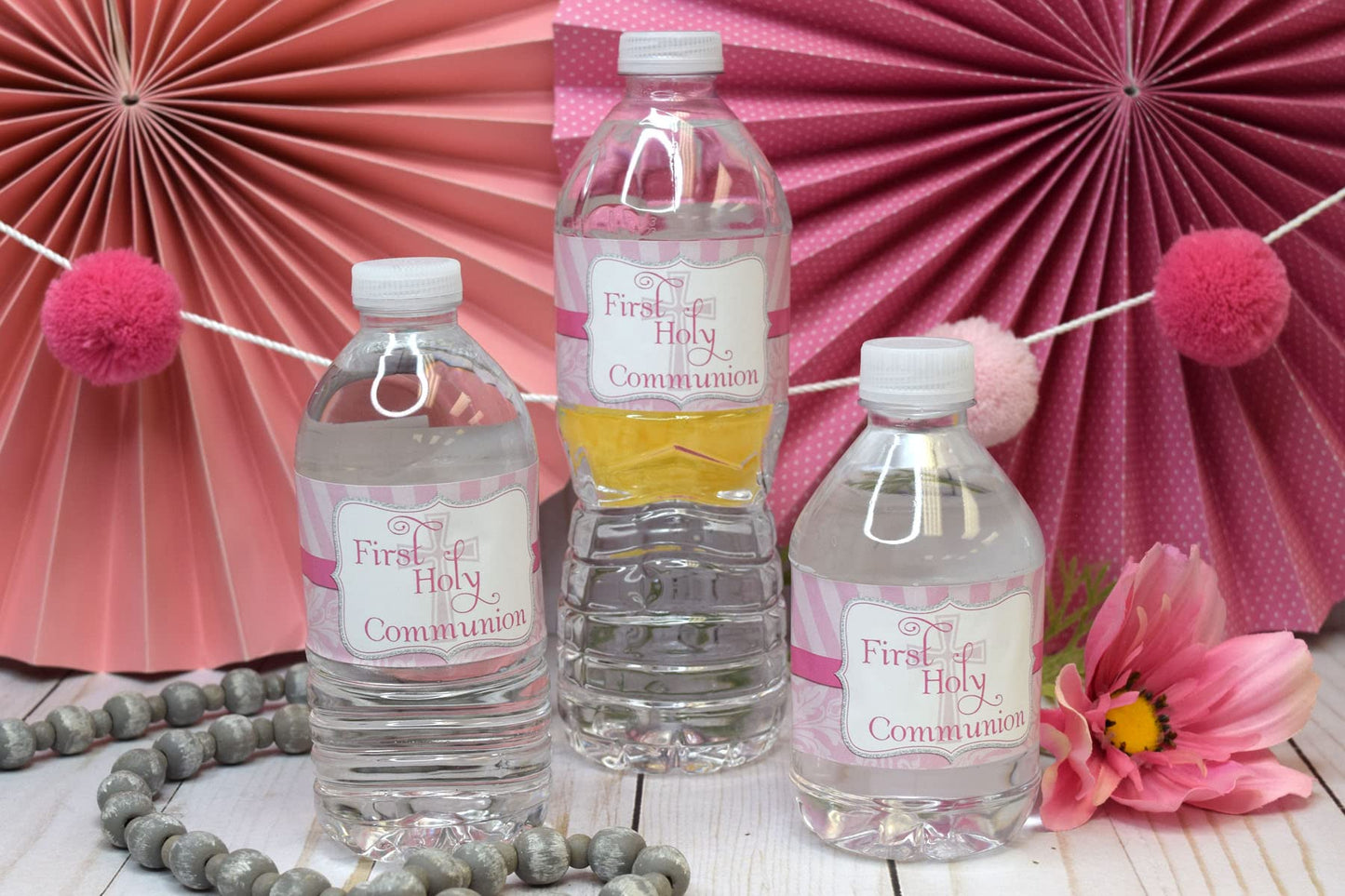 First Holy Communion Religious Waterproof Water Bottle Sticker Wrappers for Girls, 20 1.75" x 8.5" Wrap Around Labels by AmandaCreation