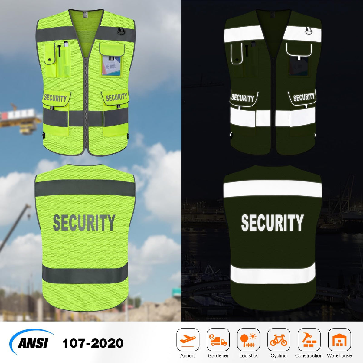 TCCFCCT Mesh Security Vest for Security Guard 9 Pockets High Visibility Reflective Safety Vest for Men Women, Durable Hi Vis Vest with Reinforced Sewing, Meets ANSI/ISEA, (G100S-Yellow, L) Mesh Yellow-bison 08 Large