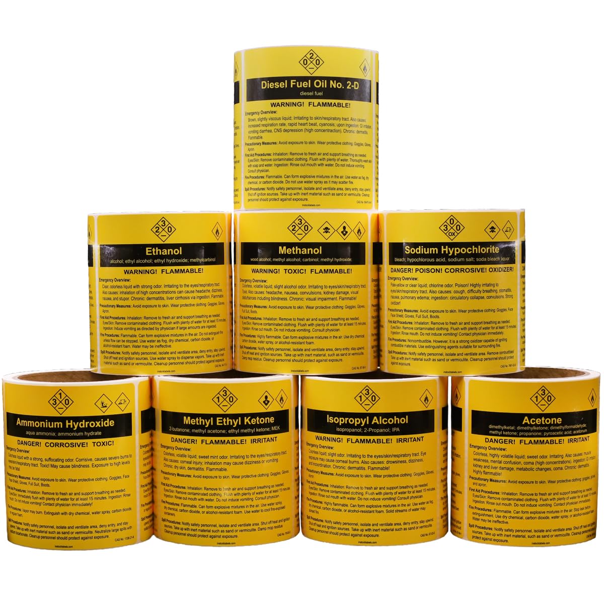 Acetone Chemical Safety Procedure Stickers 4 x 4 Inches, Yellow with Black Text, Emergency Overview, Precautionary Measures, First Aid, Fire, Spill Procedures, Chemical Safety Info, 100-Pack