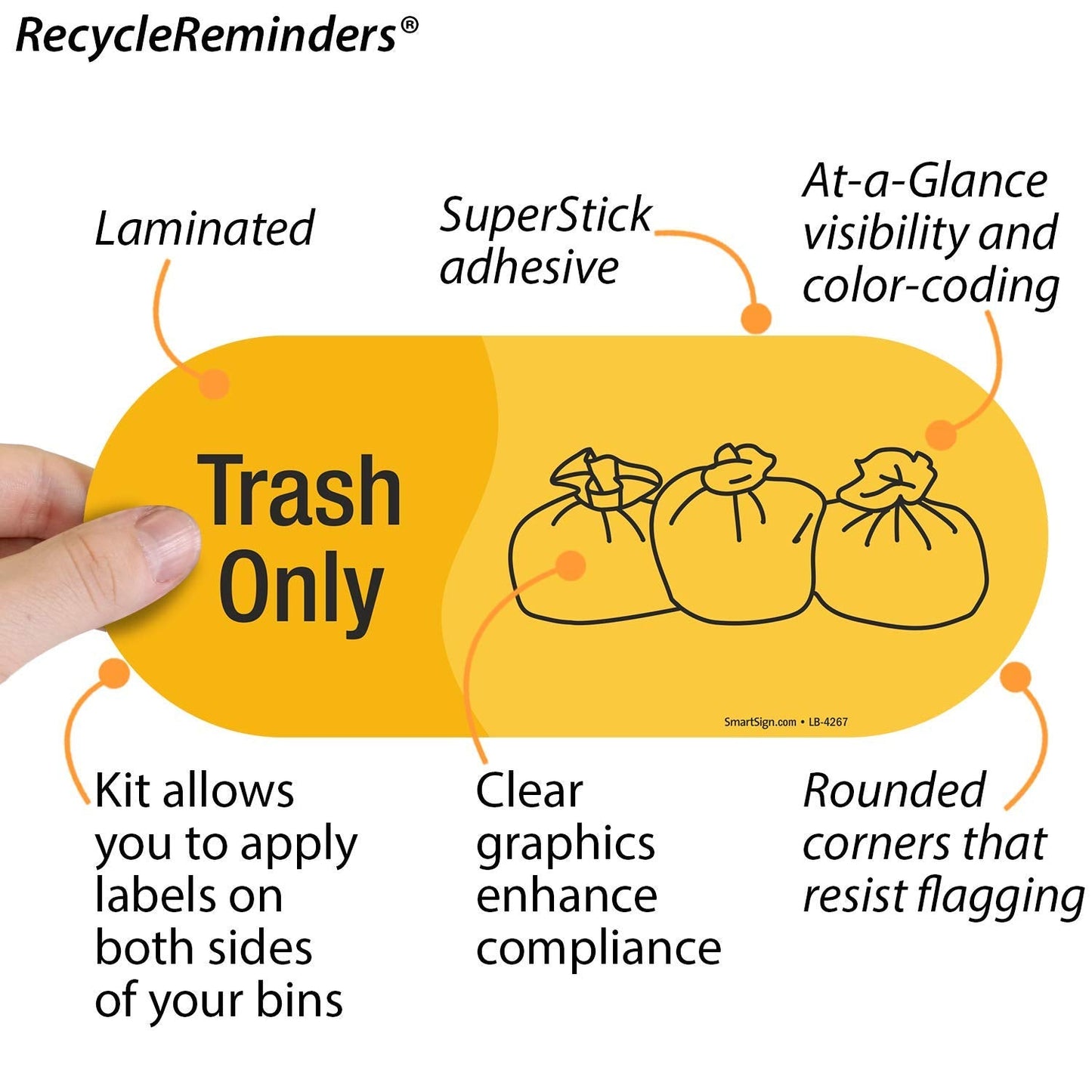 SmartSign (Pack of 4) 3.75 x 9 inch “Trash Only” Sticker Labels with Symbol, 5 mil Laminated Polyester with SuperStick Adhesive, Yellow and Black, Made in USA 3.75" X 9"_trash Only