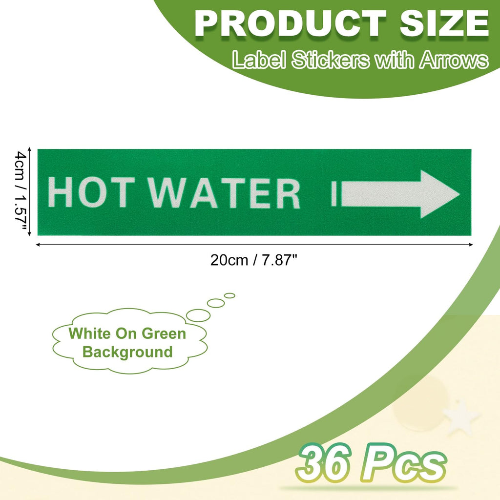 PATIKIL 36 Pcs Pipe Label Stickers with Arrows 1-3/5" x 8" HOT WATER Right-Pointing Arrow White on Green Background