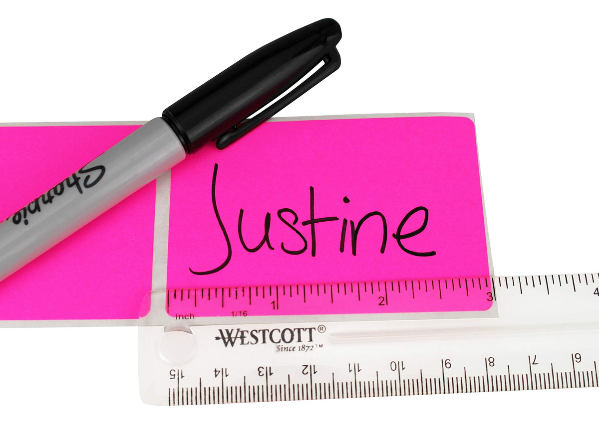 ChromaLabel fluorescent pink 2x3 inch all-purpose rectangle labels with permanent adhesive, 100 stickers per dispenser box.