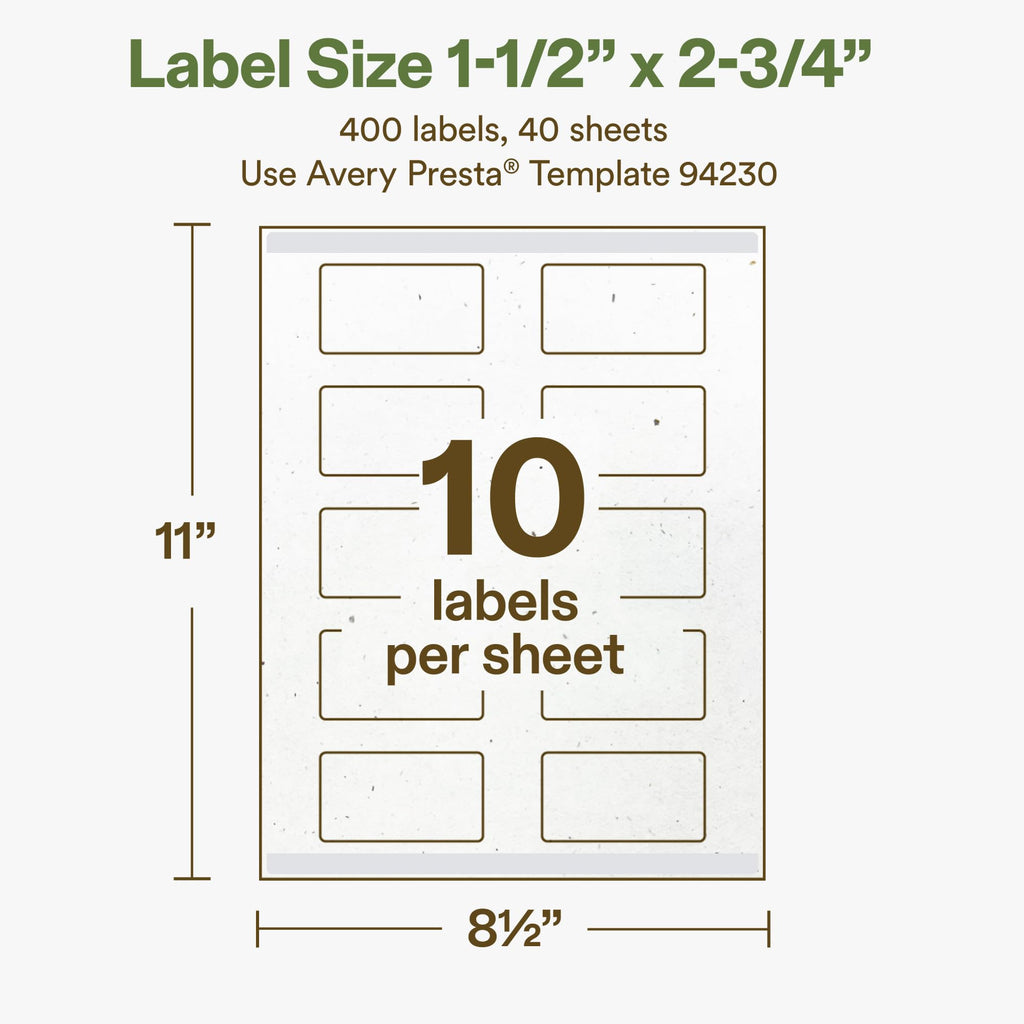 Avery Printable Rectangle Hemp Labels with Sure Feed Technology, 1-1/2" x 2-3/4", Off-White, Print-to-the-Edge, Laser & Inkjet Compatible, 400 Total, Great for Product Branding, Packaging, and More 400 Labels
