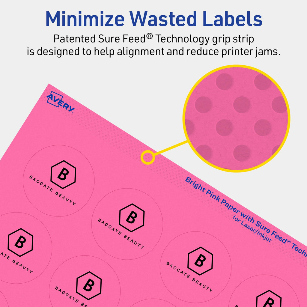 Avery Printable Round Labels, Sure Feed Technology, 1-2/3" Diameter, Bright Pink Labels, Print-to-The-Edge, Laser/Inkjet Printable, 400 Total, Great for Stickers and Candles 400 Labels