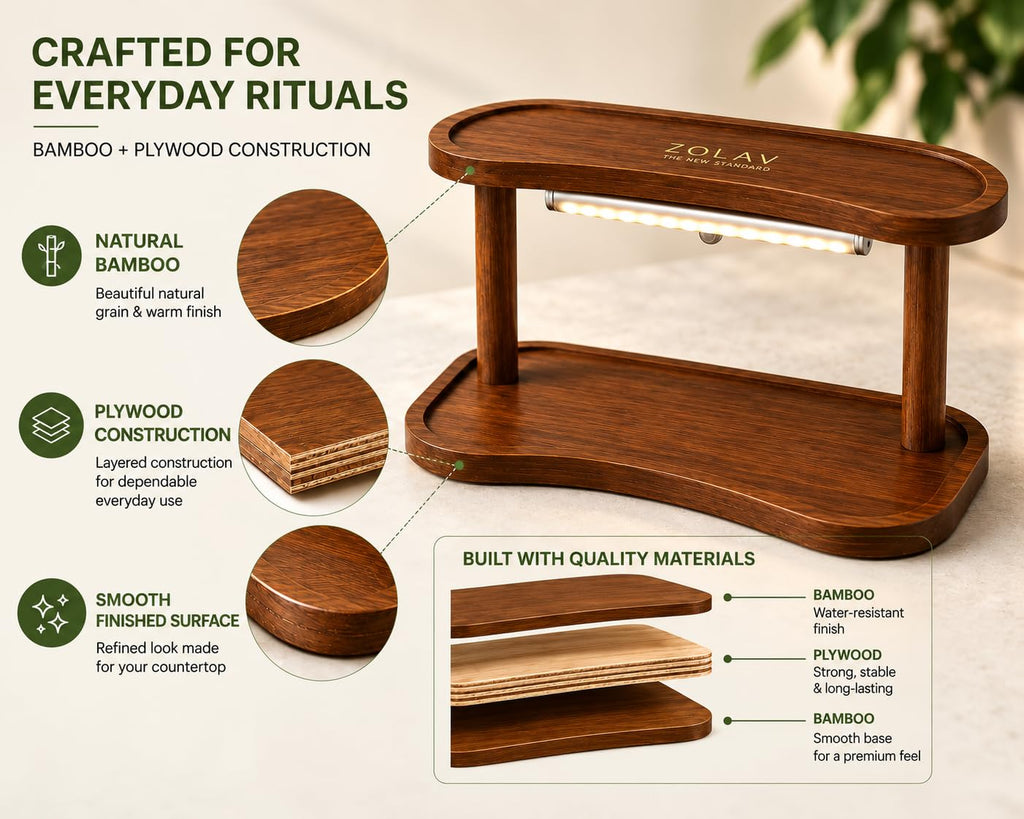 Matcha Station Organizer with Motion Sensor LED Light, 2-Tier Bamboo Matcha Stand Shelf, Countertop Coffee & Tea Station Organizer