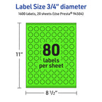 Avery Printable Round Labels, Sure Feed Technology, 3/4" Diameter, Neon Green Labels, Print-to-the-Edge, Laser/Inkjet, 1,600 Total, Great for Price Stickers and Mailing Seals 1,600 labels
