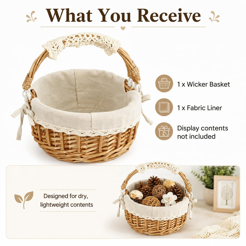 10.2-Inch Empty Round Wicker Easter Basket with Fabric Liner