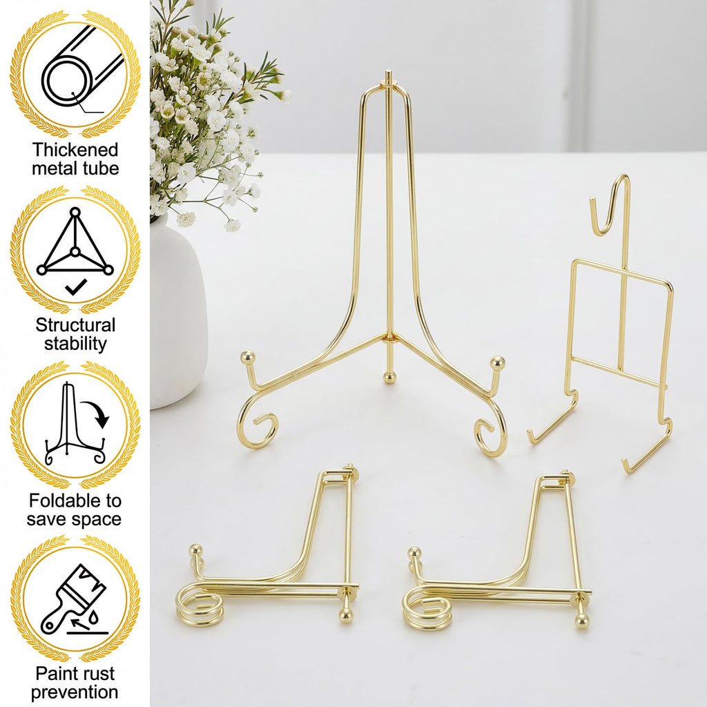 Kenaoeoe 12 Pcs Gold Plate Stands for Display 3 Size Metal Plate Display Stands with 6 Tea Cup Holder for Organizing Plates, Mugs, Books, Art