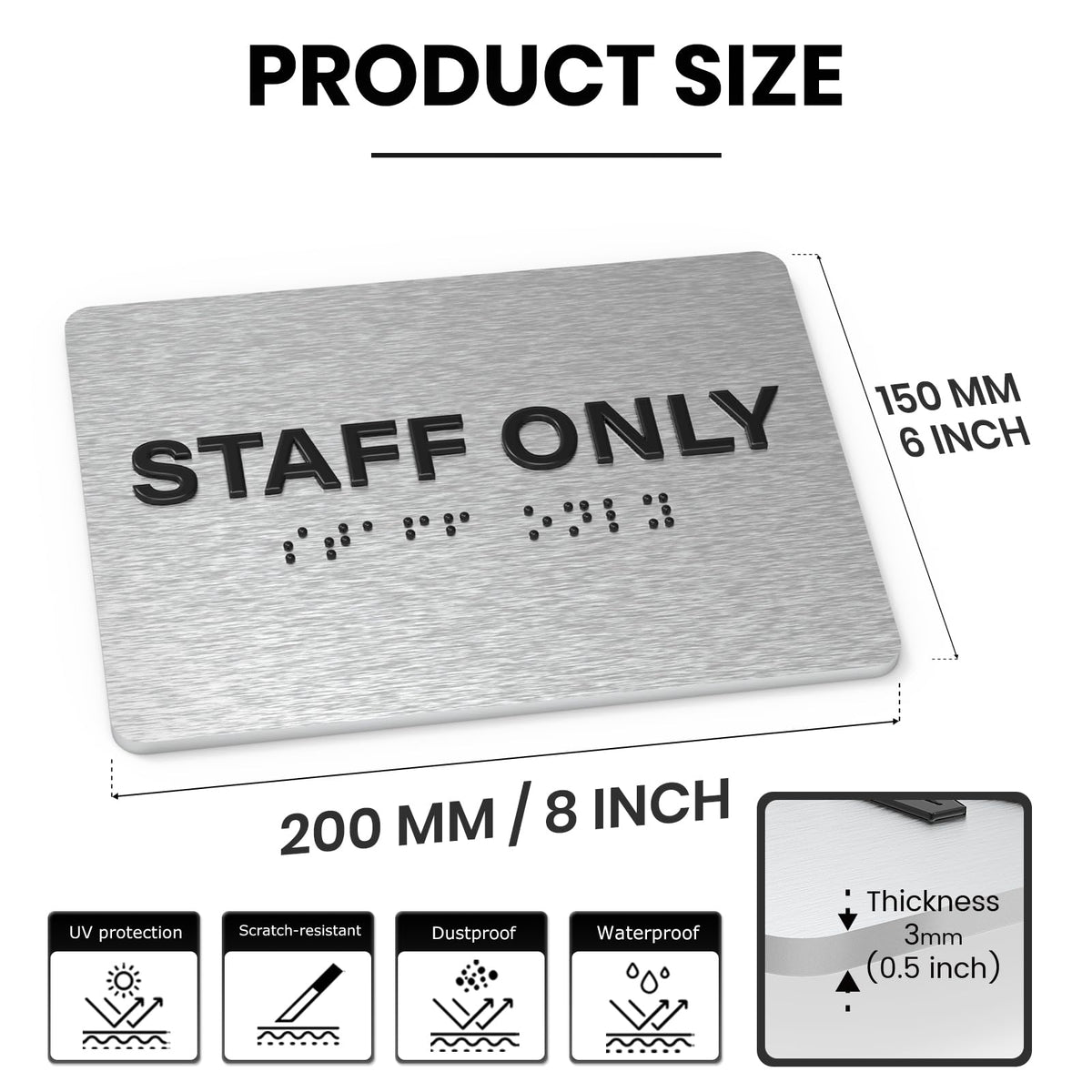 Staff Only Signs 4 Pack 6" x 8" with Braille and Tactile Identification ADA Compliant Siilver Door Sign for Offices Schools Malls Business Kitchen Silver/Black-Staff Only