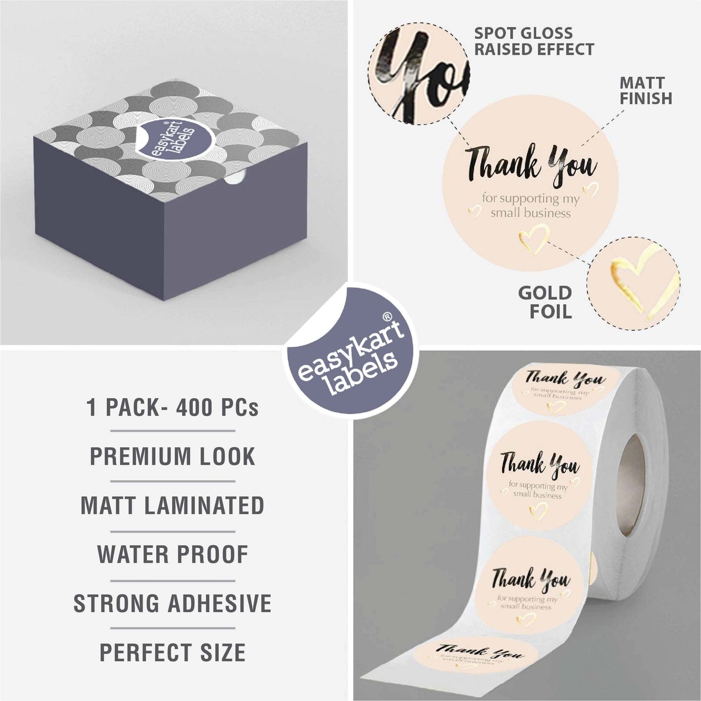 easykart labels 400 Thank You for Supporting My Small Business Sticker Labels | Pastel Peach Color with Gold Foil Hearts | 1.5" Round in Roll | Highly Recommended for Small Business Owners 400 Stickers