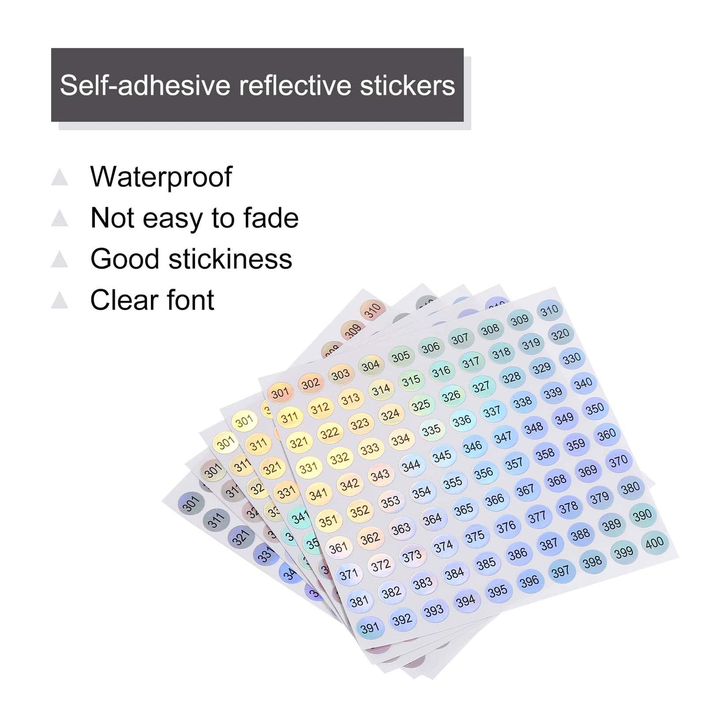MECCANIXITY Laser Number Stickers, Number 301 to 400 Round Self Adhesive Reflective Sticker for Inventory, Storage Organizing, 10 Sheets(1000pcs)