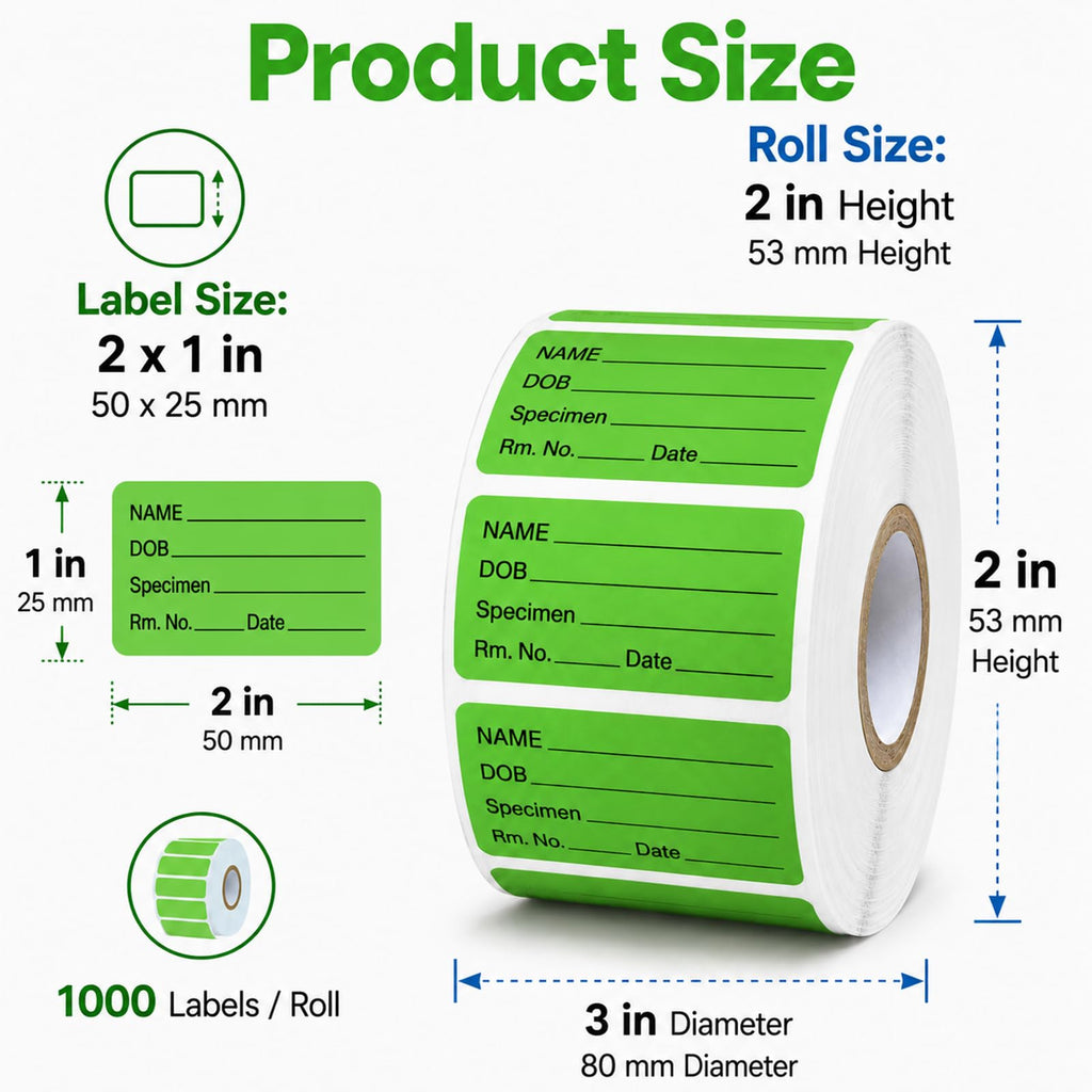 1000 PCS Specimen Collection Label 2"x1" Self Adhesive Vinyl Green Green, Black