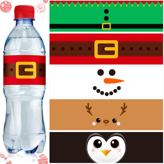100 Pcs Christmas Water Bottle Labels Merry Christmas Water Bottle Sticker Wrappers Xmas Labels Waterproof Santa Reindeer Snowman Party Favors for Party Decorations