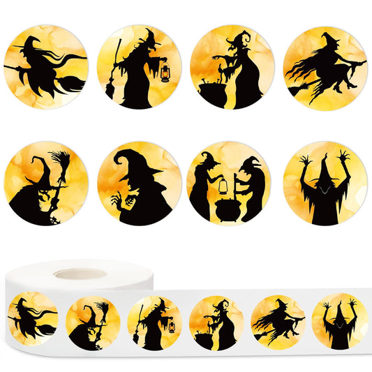 1000Pcs Halloween Stickers Roll Black Witch Round Decals Adhesive Sealing Labels for Trick or Treat Party Favor Supplies, 8 Designs