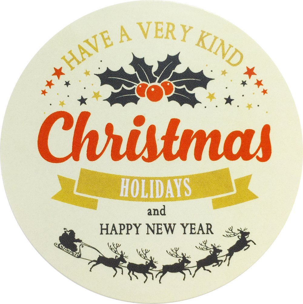 Merry Christmas and Happy New Year Stickers – 2.5 Inch Round Holiday Labels, Roll of 100 with 4 Festive Designs – Adhesive Circle Stickers, Made in The USA