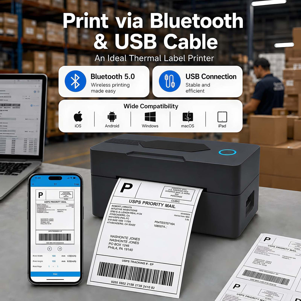 Bluetooth Thermal Shipping Label Printer, 4x6, Black