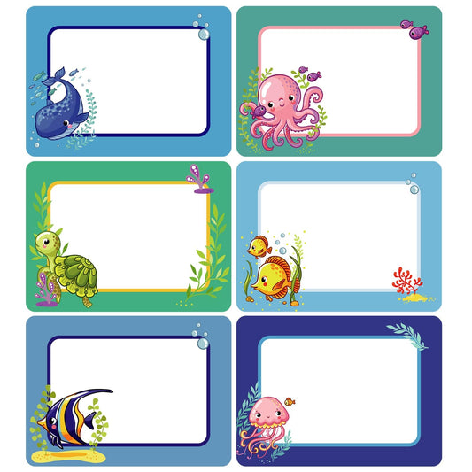 120pcs Ocean Sea Animal Name Tag Labels Stickers Classroom Multi Purpose Under The Sea Desk Name Tag Stickers Colorful Adhesive Name Sticker for School Students Offices Home Group Events 2.6x3.5 inch