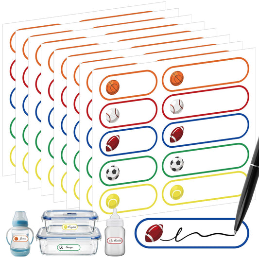Tatuo 300 Pieces Baby Bottle Labels for Daycare Waterproof Name Labels School Supplies Sport Theme Self-Laminating Daycare Name Tag Stickers for Camp School Home(Sports) Sports