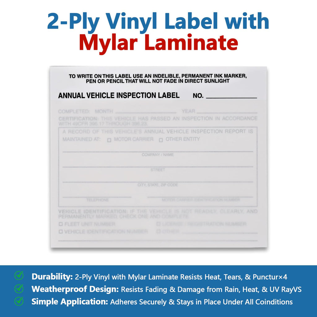 50-Pack Annual Vehicle Inspection Label Stickers, 2-Ply Strong Adhesive Vinyl, DOT Compliant Windshield Decals for Commercial Fleets, Trucks, Trailers, Car Dealerships & Auto Shops
