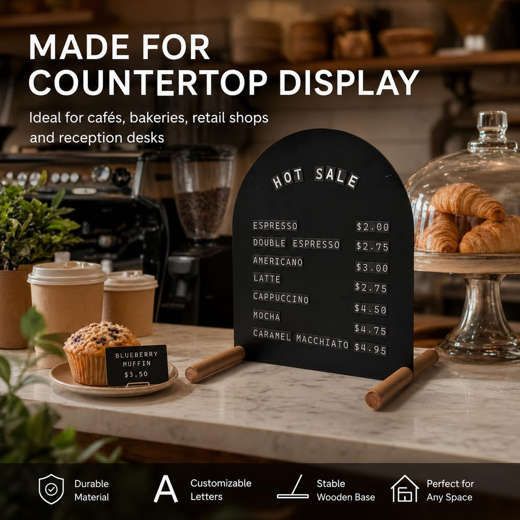 Tabletop Menu Display Stand with Magnetic Letters and Writable Board Matte Black Metal A5 Horizontal (11 × 6.7 in)
