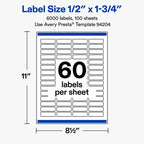 Avery Matte White Rectangle Labels, Sure Feed Technology, 0.5" x 1.75", 6,000 Matte White Printable Labels 6,000 labels