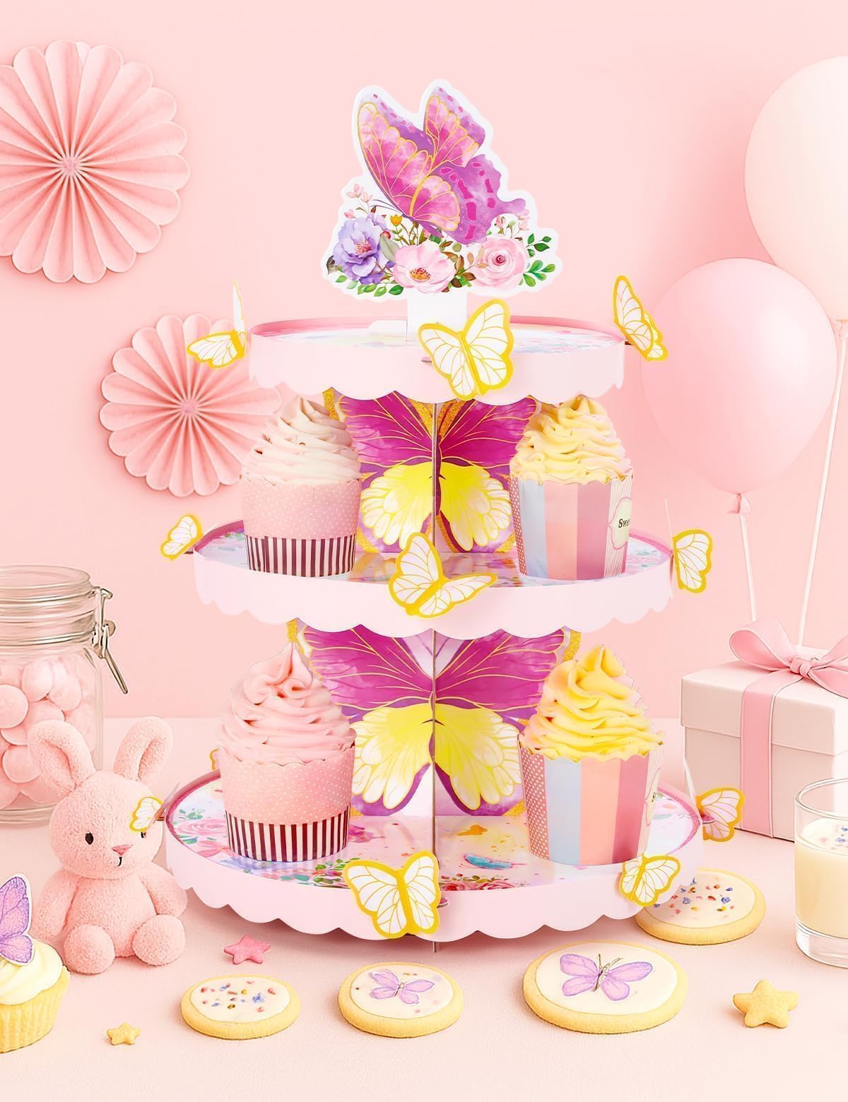 WERNNSAI 3-Tier Butterfly Cupcake Stand Cardboard Dessert Tower Butterfly A