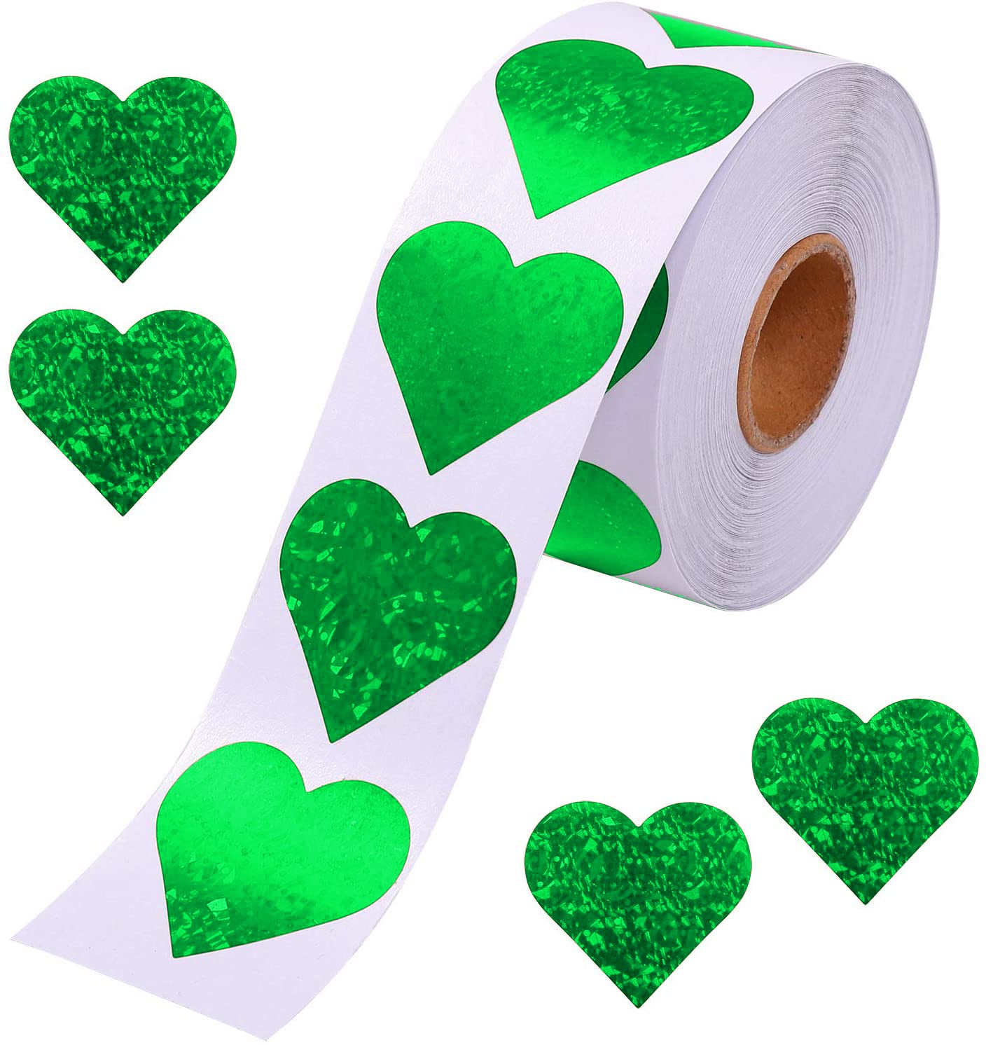 Glitter Heart Stickers, 1.5" Heart Decorative Labels 500 per Roll, Valentine's Day Love Decorations for Wedding Anniversaries (Green) Green