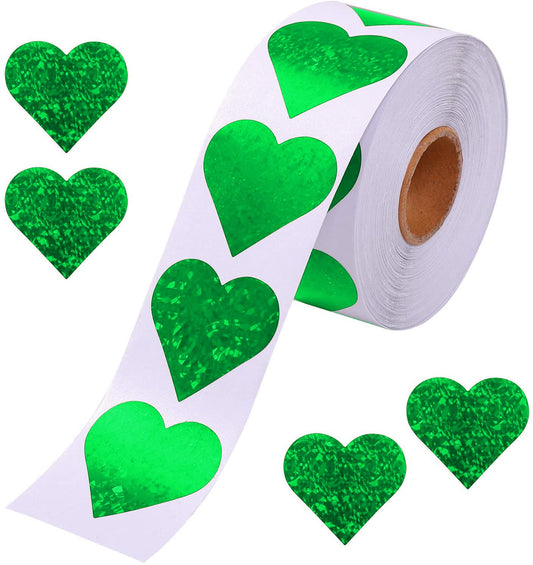 Glitter Heart Stickers, 1.5" Heart Decorative Labels 500 per Roll, Valentine's Day Love Decorations for Wedding Anniversaries (Green) Green