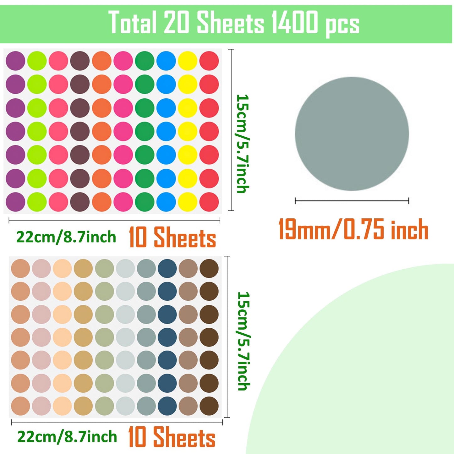 1400 PCS Dot Stickers, 3/4 inch Round Color Coding Label Circle Stickers, 20 Colors Circle Dot Label Sticker, Round Labels for Office Classroom Student Toddlers