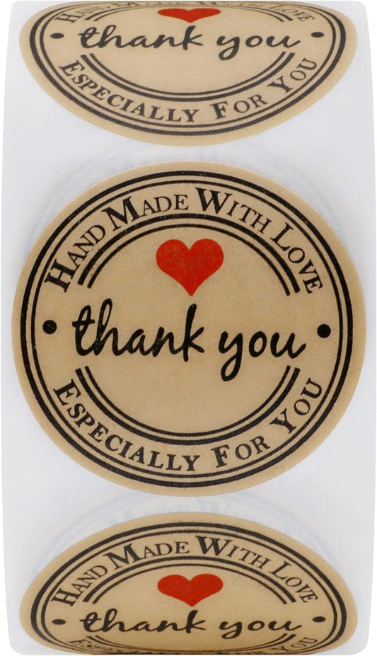 500PCS Hand Made with Love Stickers,1.5 Inch Large Round Thank You Baking Stickers Canning Bottler Labels for Baked Goods Packaging Jam, Jelly Jar,Mason Jars,Cookie Bags Supplies (Brown Handmade) Brown Handmade