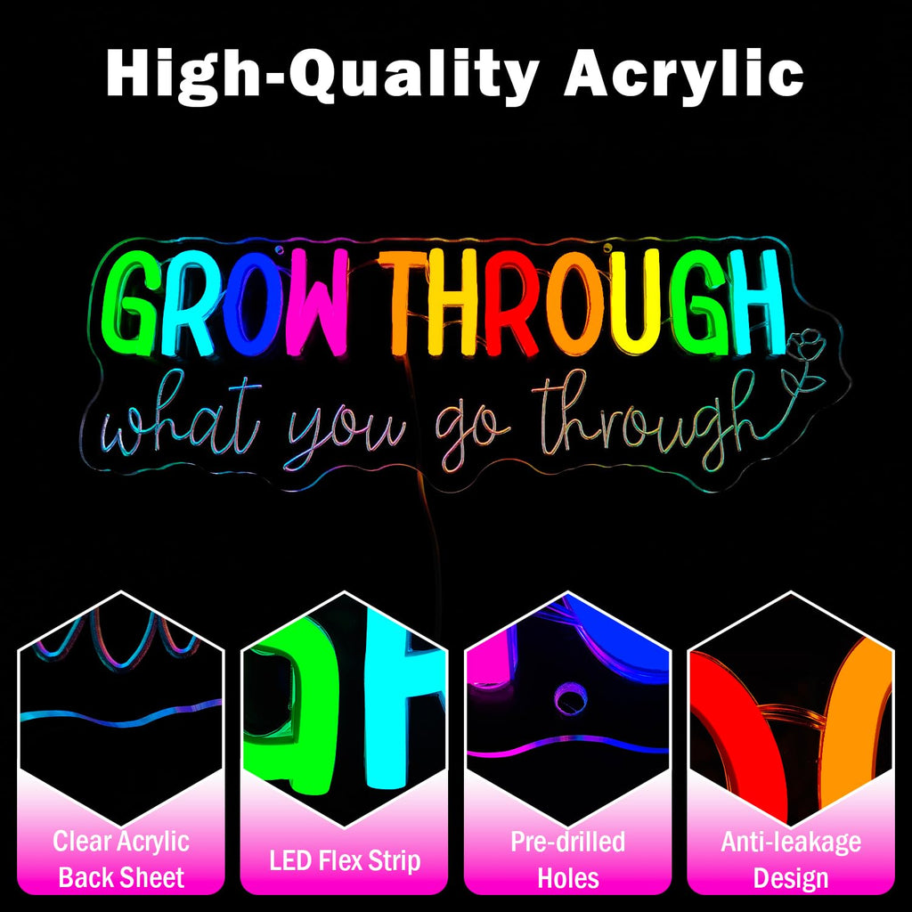 Grow Through What You Go Through Neon Sign Dimmable Motivational Led Wall Art Inspirational Neon Sign for Classroom Mental Health Office Wall Decor for Women GoThrough
