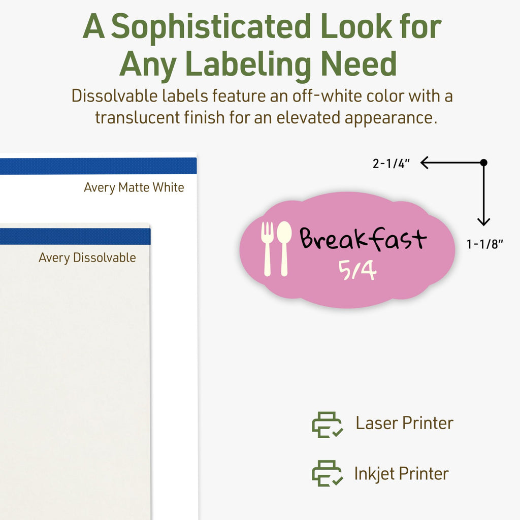 Avery® Dissolvable Oval Scalloped Labels, Sure Feed® Technology, 1-1/8" x 2-1/4", Matte White, Print-to-The-Edge, Laser/Inkjet Printable, 210 Labels Total