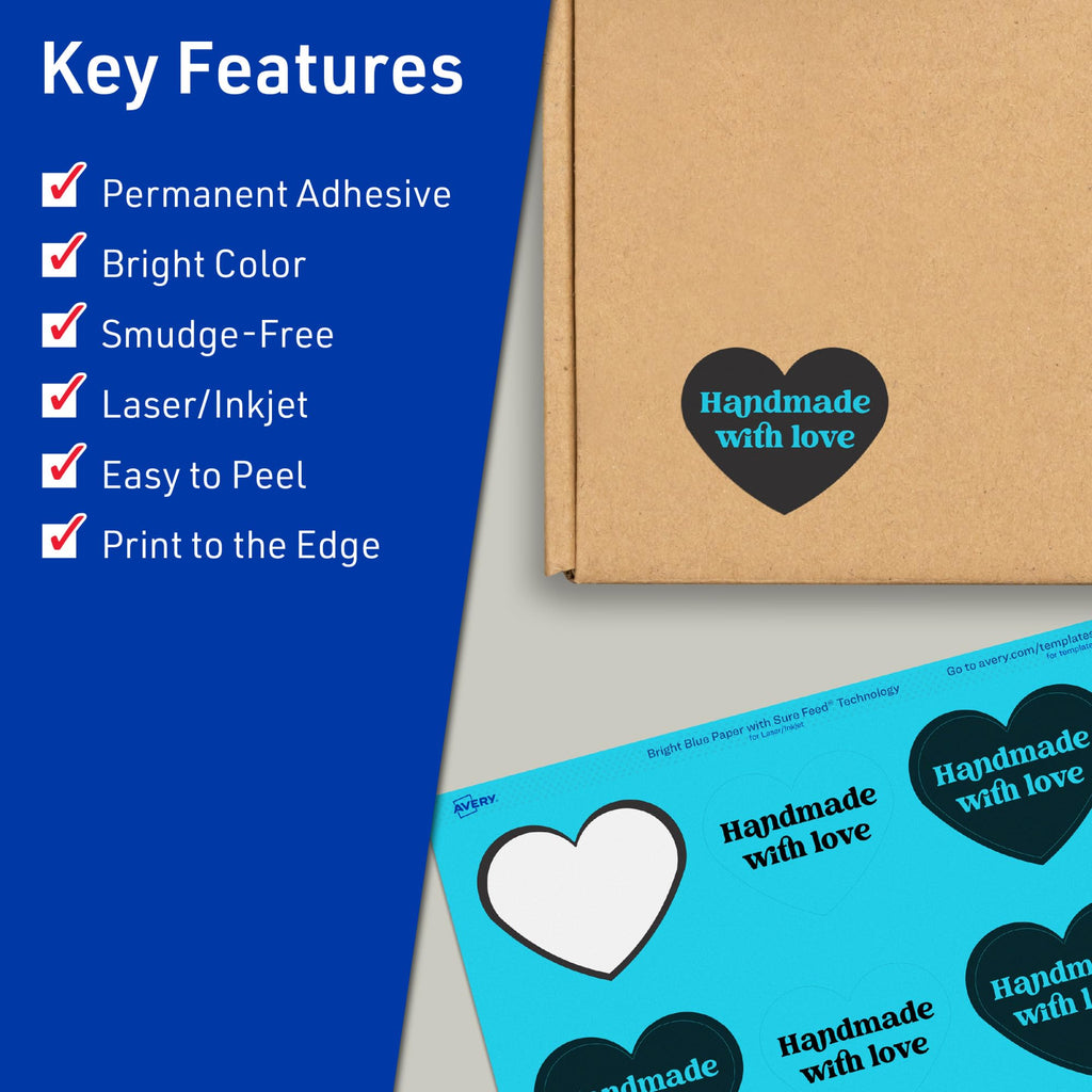 Avery® Printable Heart Labels, Sure Feed® Technology, 2-9/32" x 1-27/32", Bright Blue Labels, Print-to-The-Edge, Laser/Inkjet Printable, 240 Total, Great for Mailing Seals and Packaging 240 labels