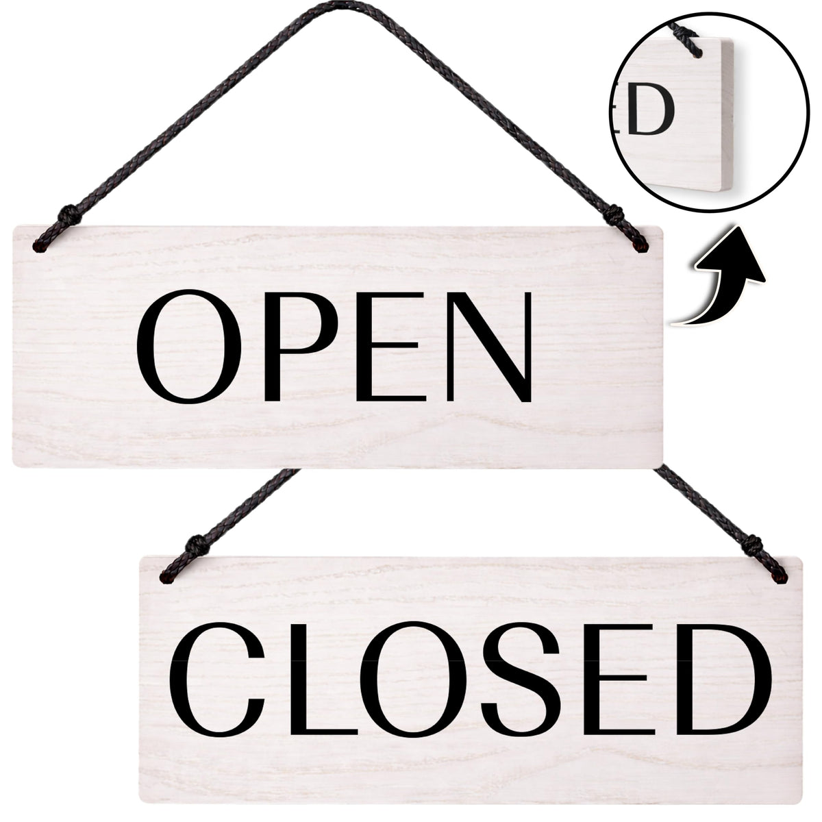 Open Closed Business Sign – Double Sided Real Ash Wood Hanging Open Sign for Storefront Door or Window - White Minimalist We Are Open Sign - 10 x 4 Inch