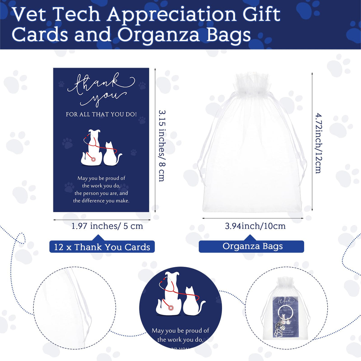 Xunyee Vet Tech Week Gifts Bulk Paw Keychains Cards 12