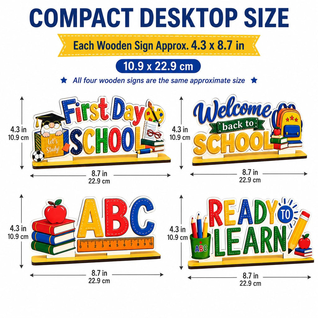 5 Pcs Back to School Decorations, Wooden Table Sign Set, First Day of School Desk Decor for Classroom Teacher Office Homeschool Bus–double-sided