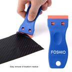 FOSHIO plastic razor blade scraper with 2 tools and 100 blades, ideal for gasket, label, and adhesive removal on glass and windows.