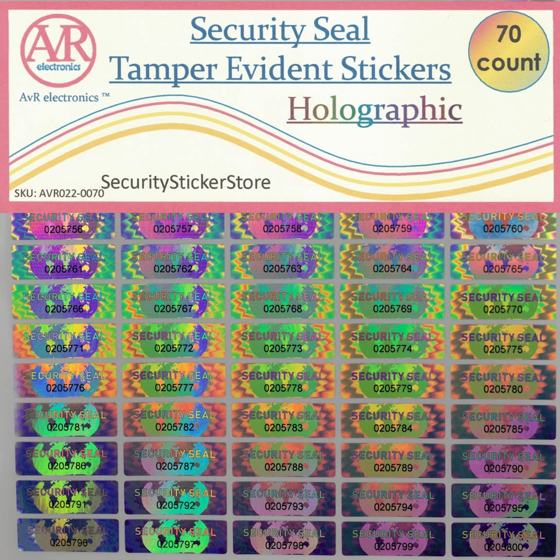 70 Hologram Tamper Evident, Tamper Proof Stickers. Security Seal. Individual Serial Numbers. Tamper Foil Tape Labels. Destroyed Upon Removal with Residual Text Left on Item.… (70 Stickers) 70 Stickers