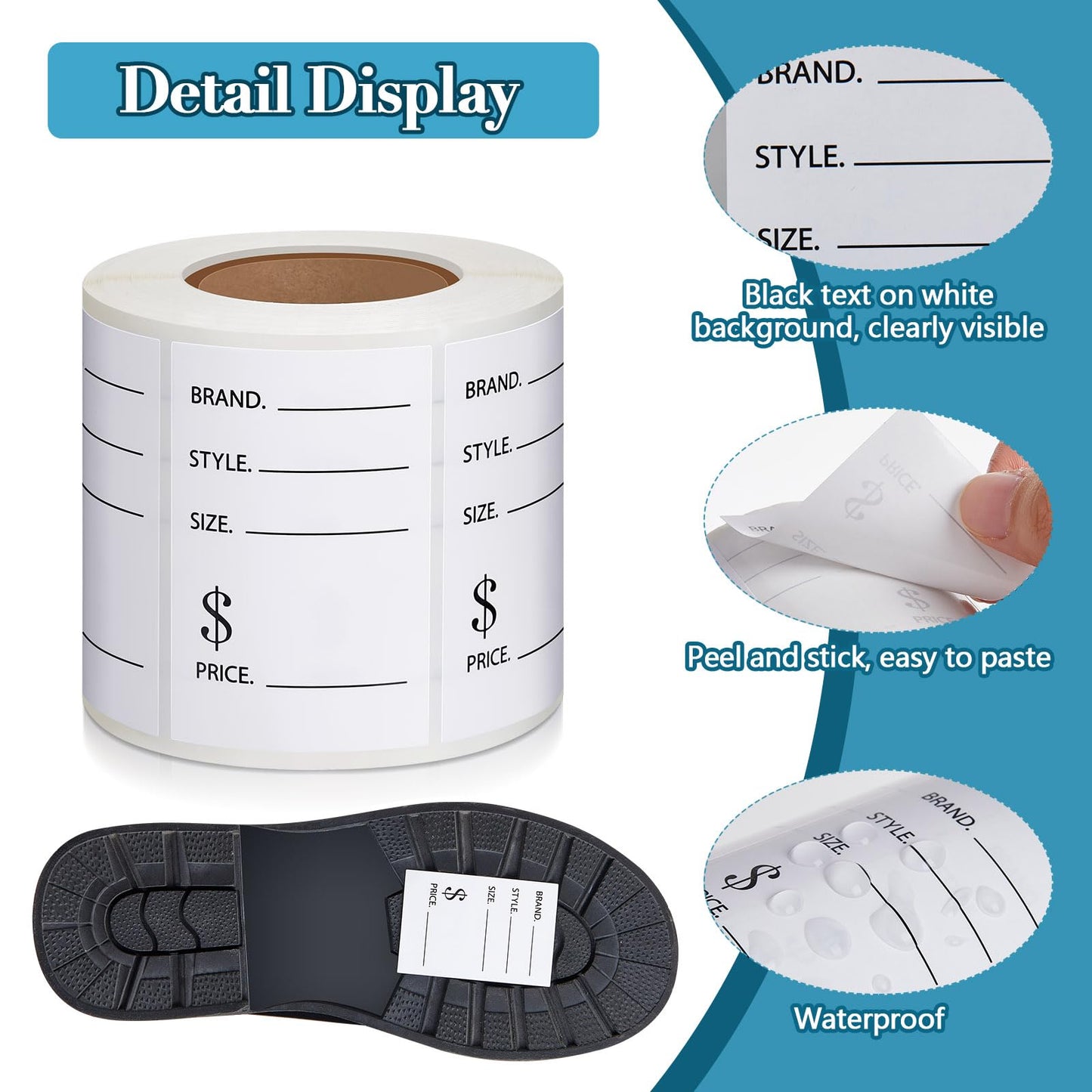 Fulmoon 500 Pack 1.57 x 2.36 Inch Self Adhesive Shoe Store Labels Style, Size and Price Sticker Roll Label Stickers Blank Shoe Stickers for Women Men