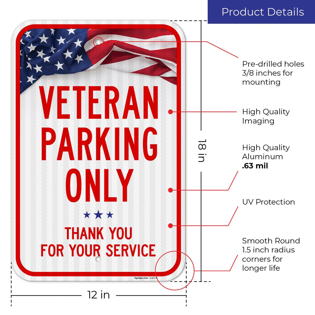 Veterans Parking Only Thank You for Your Service Sign, Aluminum 12x18 Reflective