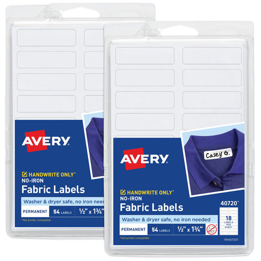 Avery No-Iron Fabric Labels, 1/2" x 1-3/4", Washer and Dryer-Safe, White, Non-Printable, 54 Labels Per Pack, 108 Blank Labels Total (2-Pack of 40720) 108 labels 1/2" x 1-3/4"