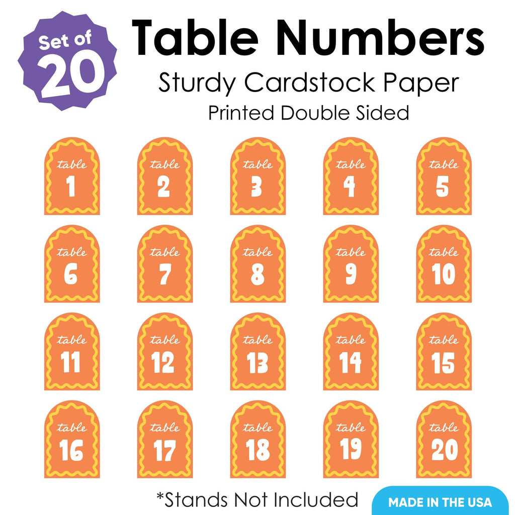Big Dot of Happiness Orange and Yellow Wavy Table Numbers, Retro Wedding or Birthday Party Decor Centerpieces, Double-Sided 5 x 7 inches Cards, Table Numbers - 1-20