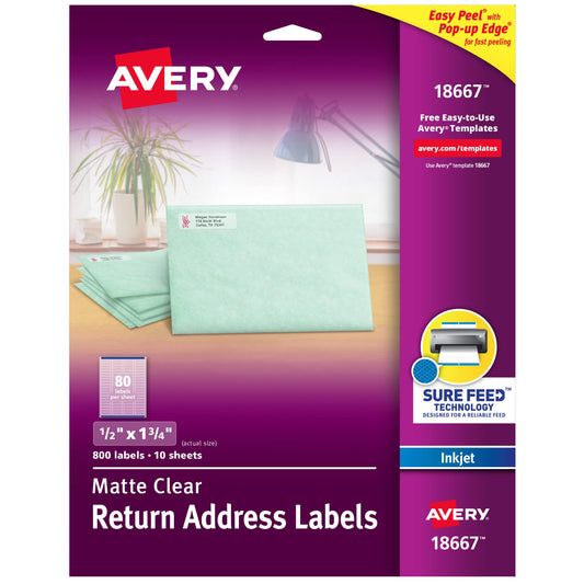 Avery Printable Return Address Labels with Sure Feed, 0.5" x 1.75", Matte Clear, 800 Blank Mailing Labels (18667) 800 labels