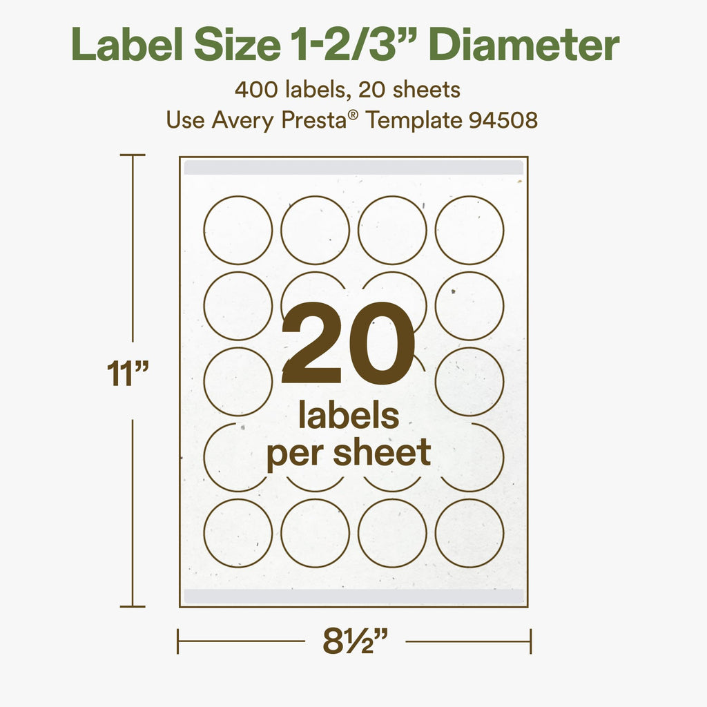 Avery Printable Round Hemp Labels with Sure Feed Technology, 1-2/3" Diameter, Off-White, Print-to-the-Edge, Laser & Inkjet Compatible, 400 Total, Great for Product Branding, Packaging, and More 400 Labels