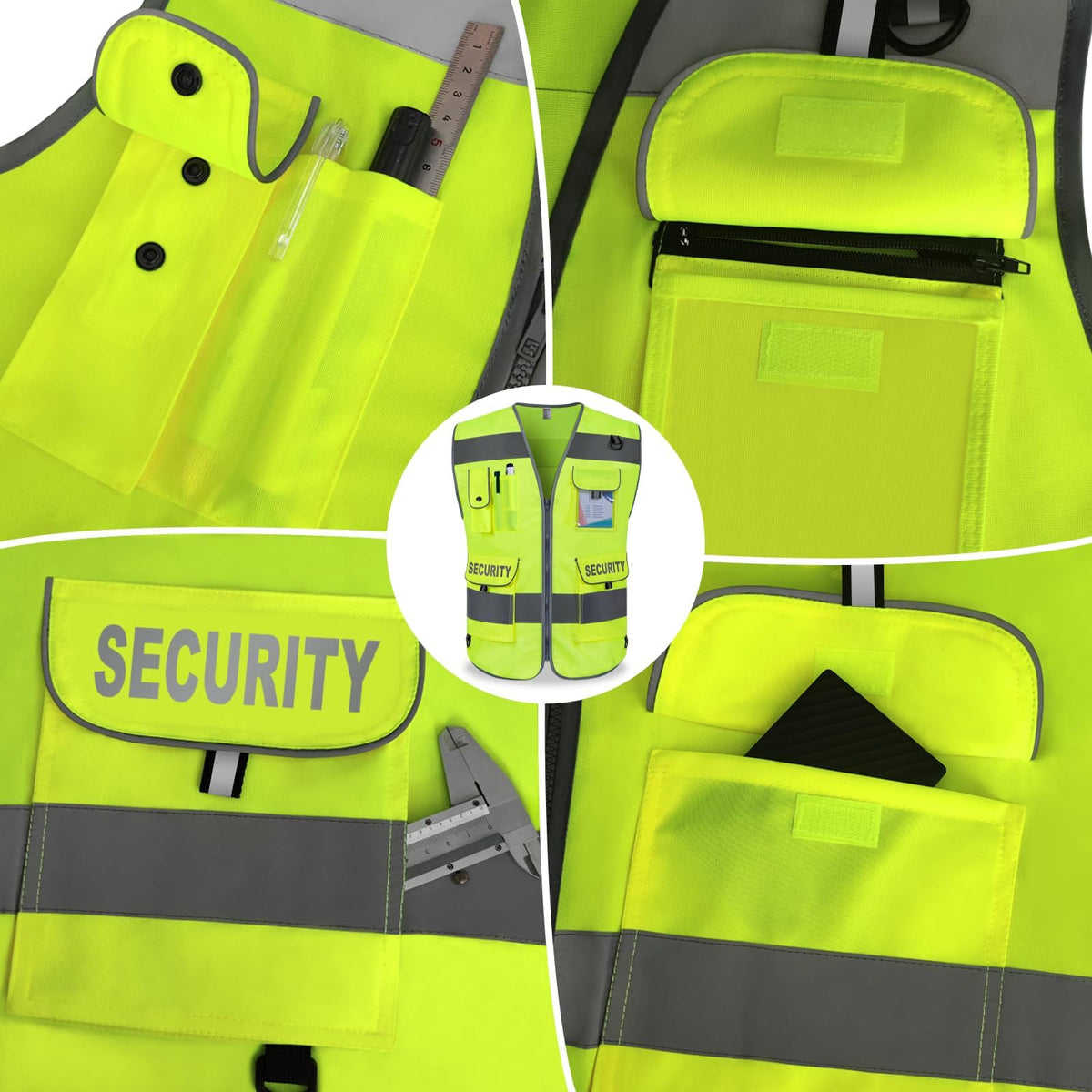 TCCFCCT Security Vest for Security Guard 9 Pockets High Visibility Reflective Safety Vest for Men Women, Durable Hi Vis Vest with Reinforced Sewing, Meets ANSI/ISEA, (G100S-Yellow, L) Fabric Yellow-bison 08 Large