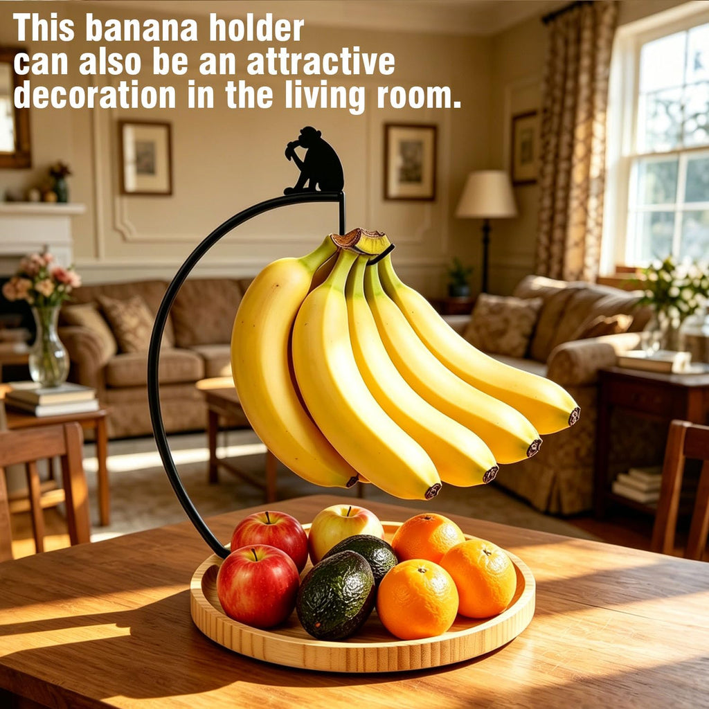 Banana Holder Stand with Wood Fruit Tray,Stand for Countertop,14.9" height Monkey