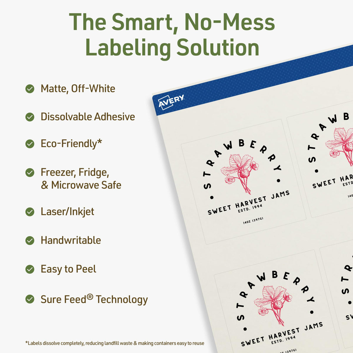 Avery® Dissolvable Square Labels, Sure Feed® Technology, 2.5" x 2.5", Matte White, Laser/Inkjet Printable, 90 Labels Total, Freezer-Safe, Microwave-Safe, Refrigerator-Safe