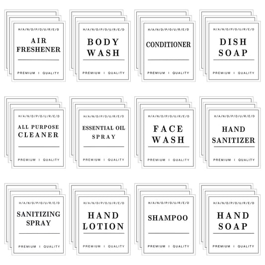 36Pcs Waterproof Labels for Bottles, Removable Bathroom Organization Stickers for Hand Soap Lotion Shampoo Conditioner Dispenser, Toiletry Labels for Plastic/Glass Bottles