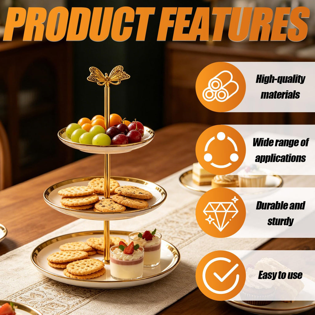 3 Sets of Zinc Alloy Cake Stand Hardware, Heavy Duty 3 Tiered Tray Hardware Kit, Butterfly Cake Plate Stand Handle Stacking Fittings Rod for Serving Dessert Cupcake Fruit Holder (Gold) Gold
